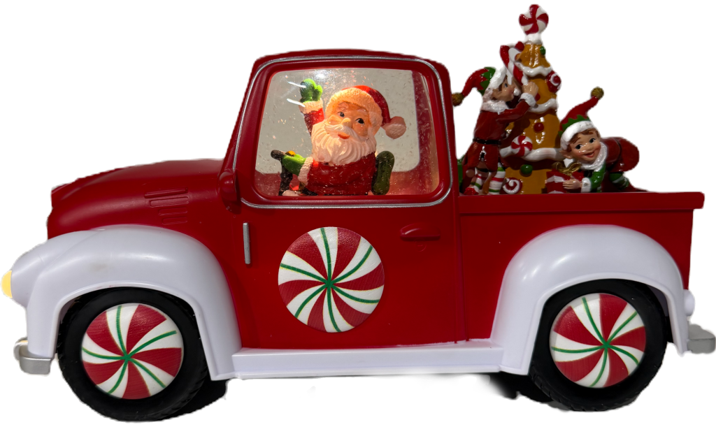 Santa Driving LED Snowing Red Ute with Elves and Christmas Tree