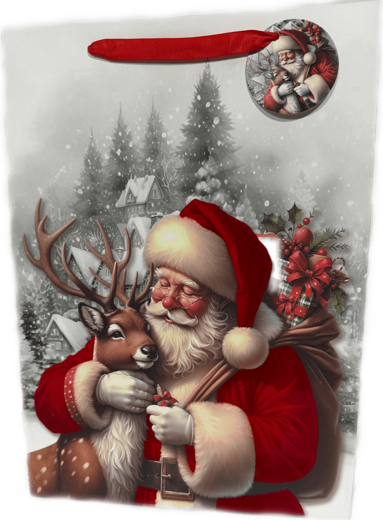 X-Large Flocked Velvet Santa Hugging Reindeer Gift Bag
