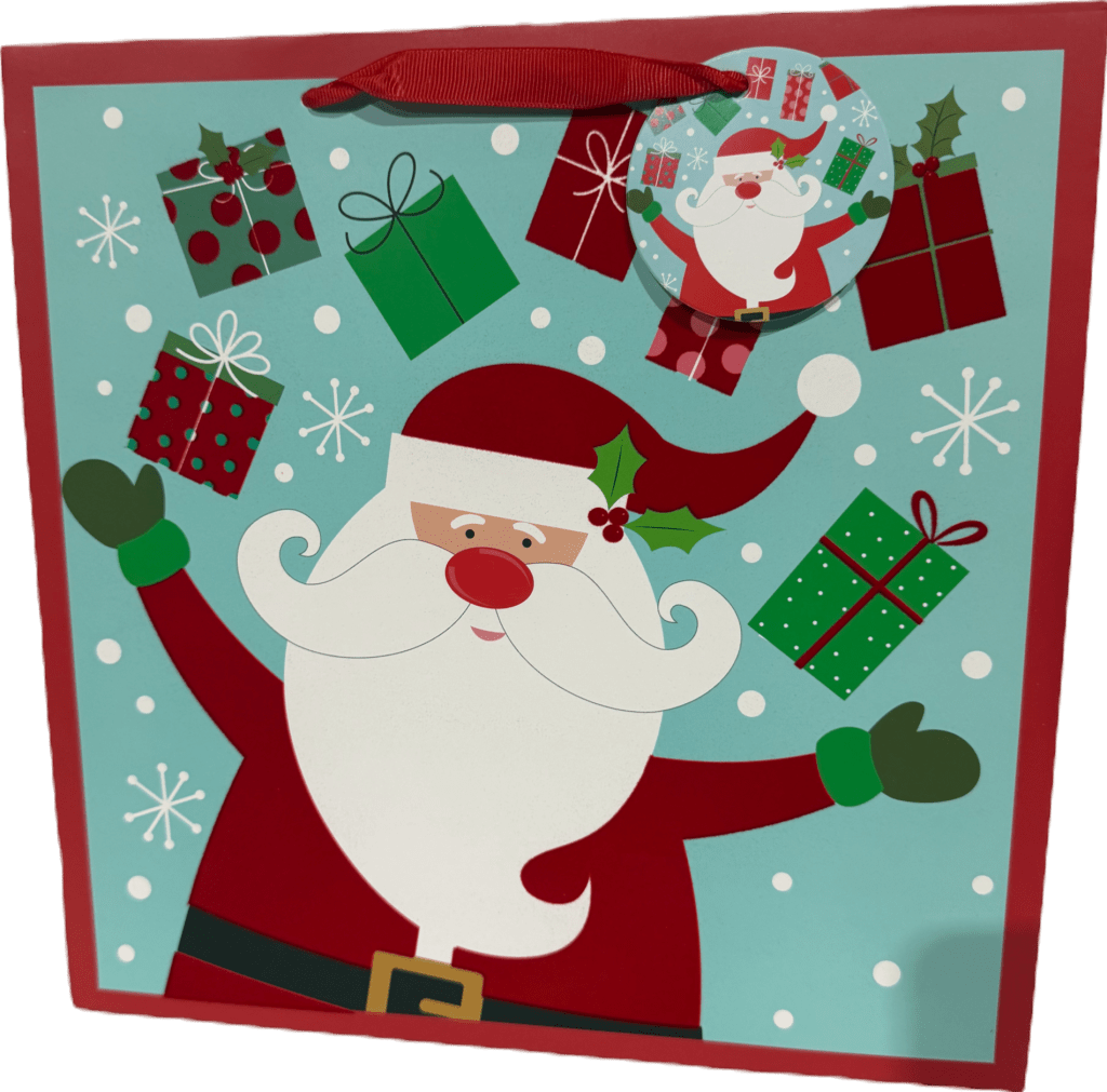 Large Santa Juggling Presents Playful Square Christmas Gift Bag