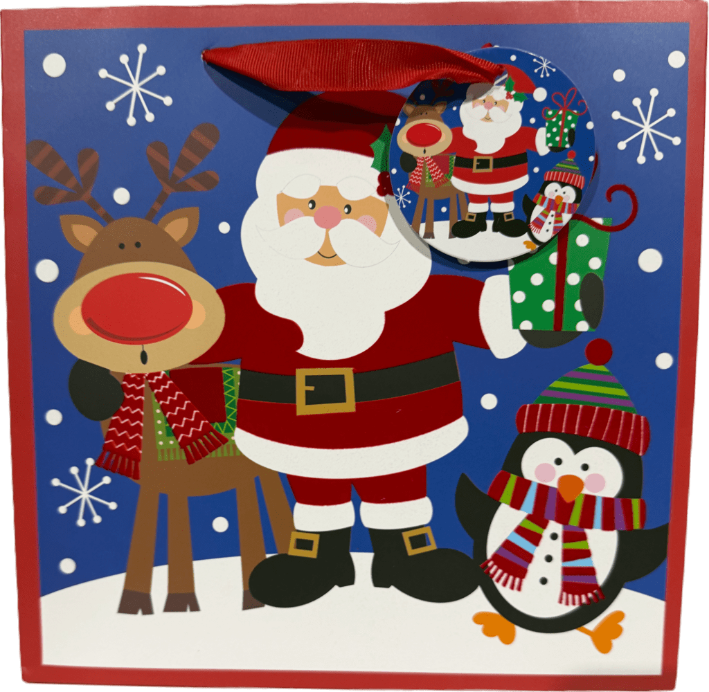 Medium Santa with Reindeer and Penguin Playful Square Christmas Gift Bag