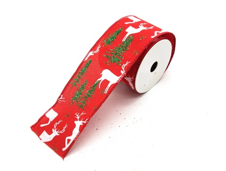 Red Linen with Deer and Tree 10m Ribbon